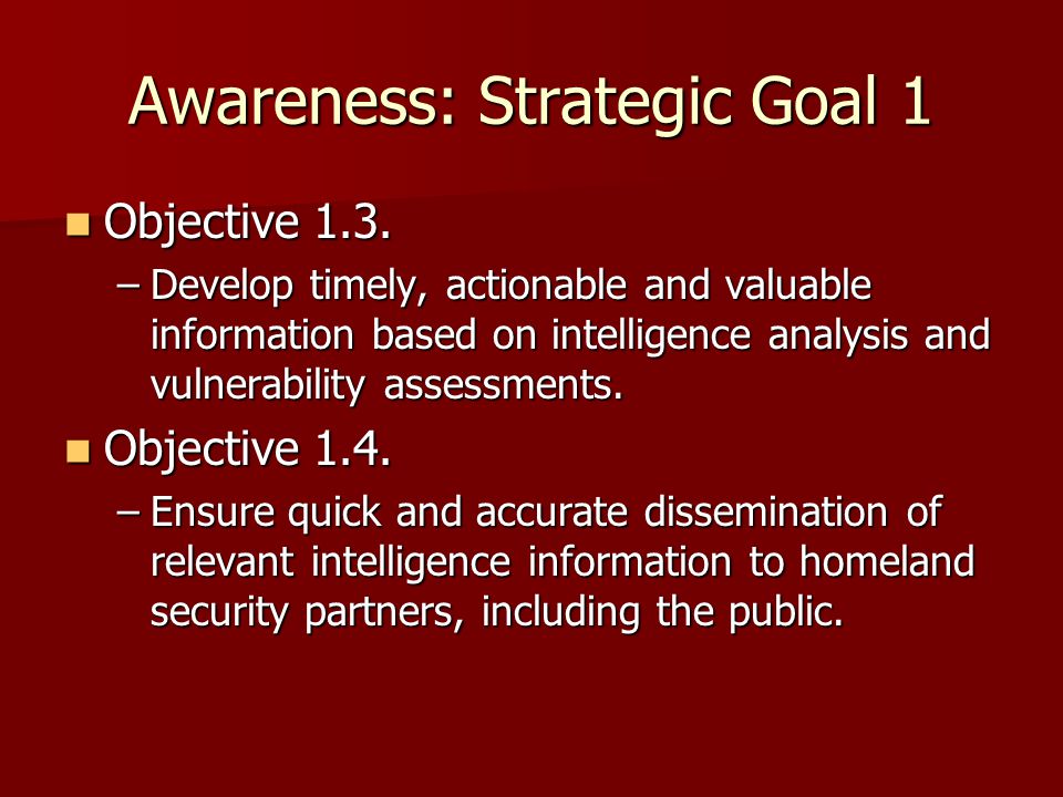 Awareness: Strategic Goal 1 Objective 1.3. Objective 1.3.