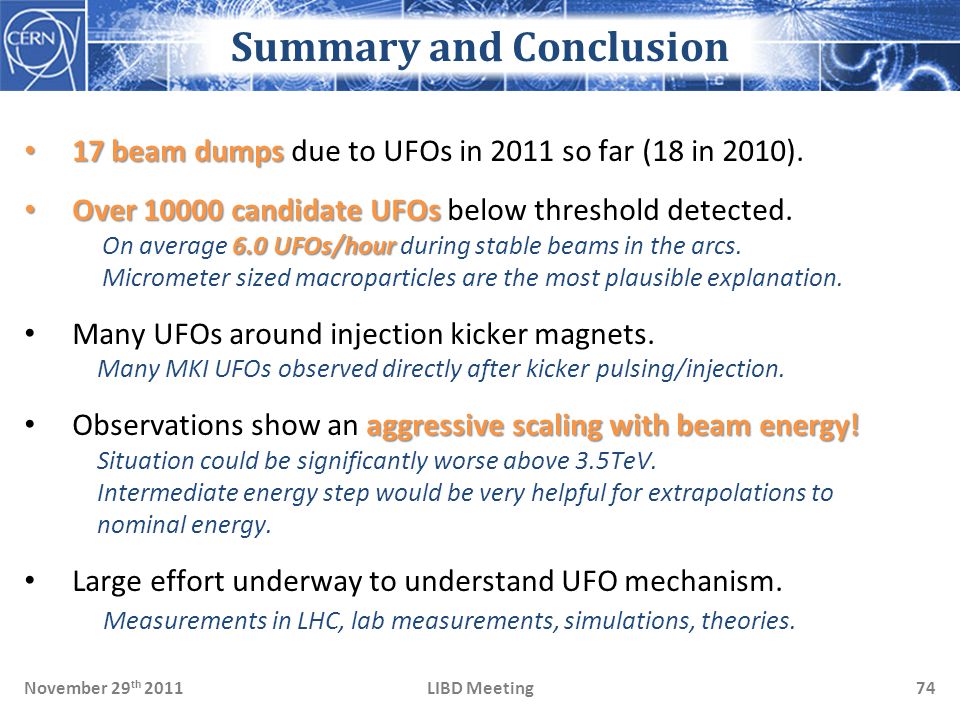 LIBD MeetingNovember 29 th Summary and Conclusion 17 beam dumps 17 beam dumps due to UFOs in 2011 so far (18 in 2010).
