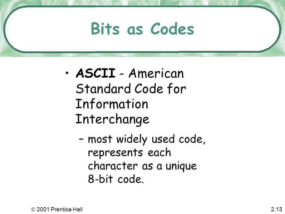  2001 Prentice Hall2.12 More about Bits Each switch can be used to store a tiny amount of information, such as: –An answer to a yes/no question –A signal to turn on a light Larger chunks of information are stored by grouping bits as units –8 bits (byte) = 256 different messages