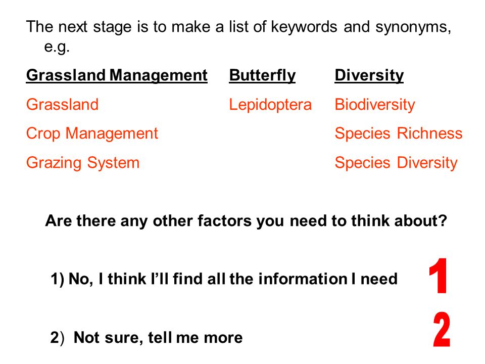 The next stage is to make a list of keywords and synonyms, e.g.