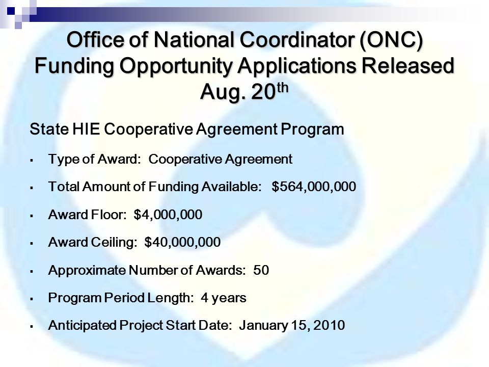Office of National Coordinator (ONC) Funding Opportunity Applications Released Aug.