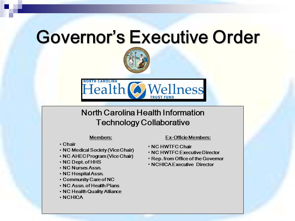 Governor’s Executive Order North Carolina Health Information Technology Collaborative Members: Chair NC Medical Society (Vice Chair) NC AHEC Program (Vice Chair) NC Dept.