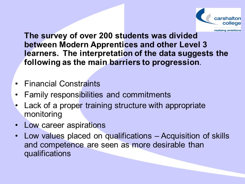 The survey of over 200 students was divided between Modern Apprentices and other Level 3 learners.
