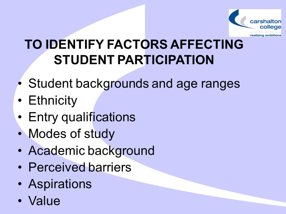 TO IDENTIFY FACTORS AFFECTING STUDENT PARTICIPATION Student backgrounds and age ranges Ethnicity Entry qualifications Modes of study Academic background Perceived barriers Aspirations Value