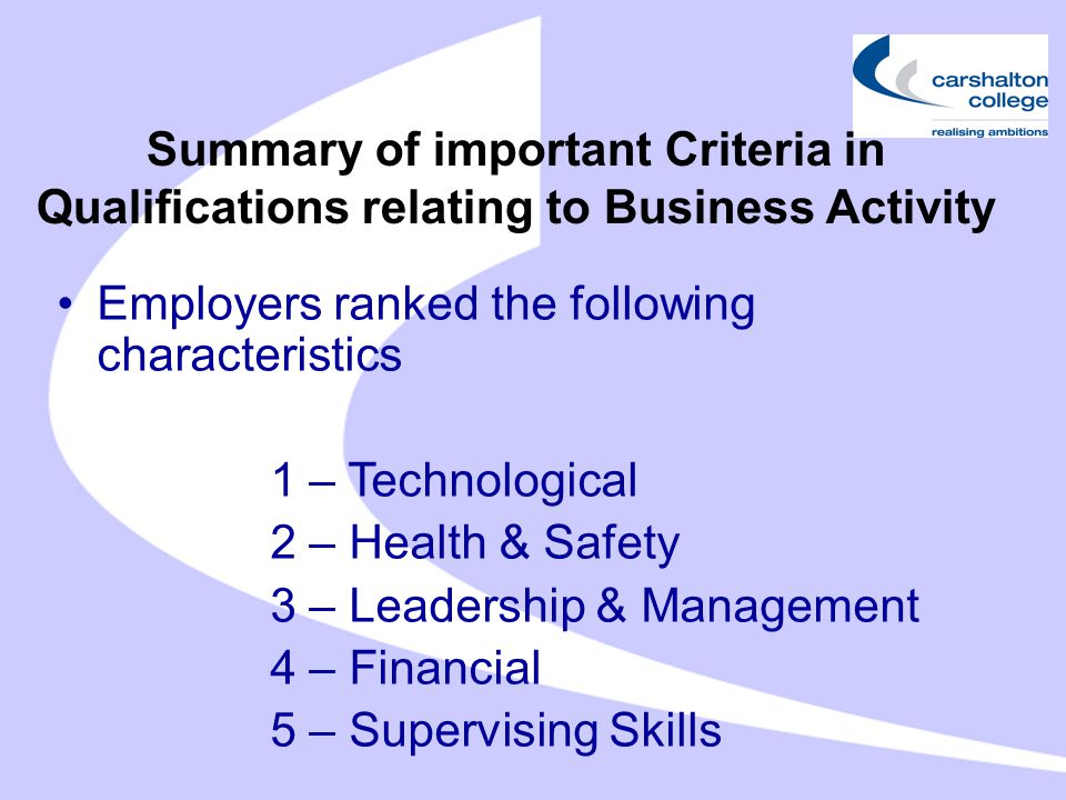 Summary of important Criteria in Qualifications relating to Business Activity Employers ranked the following characteristics 1 – Technological 2 – Health & Safety 3 – Leadership & Management 4 – Financial 5 – Supervising Skills