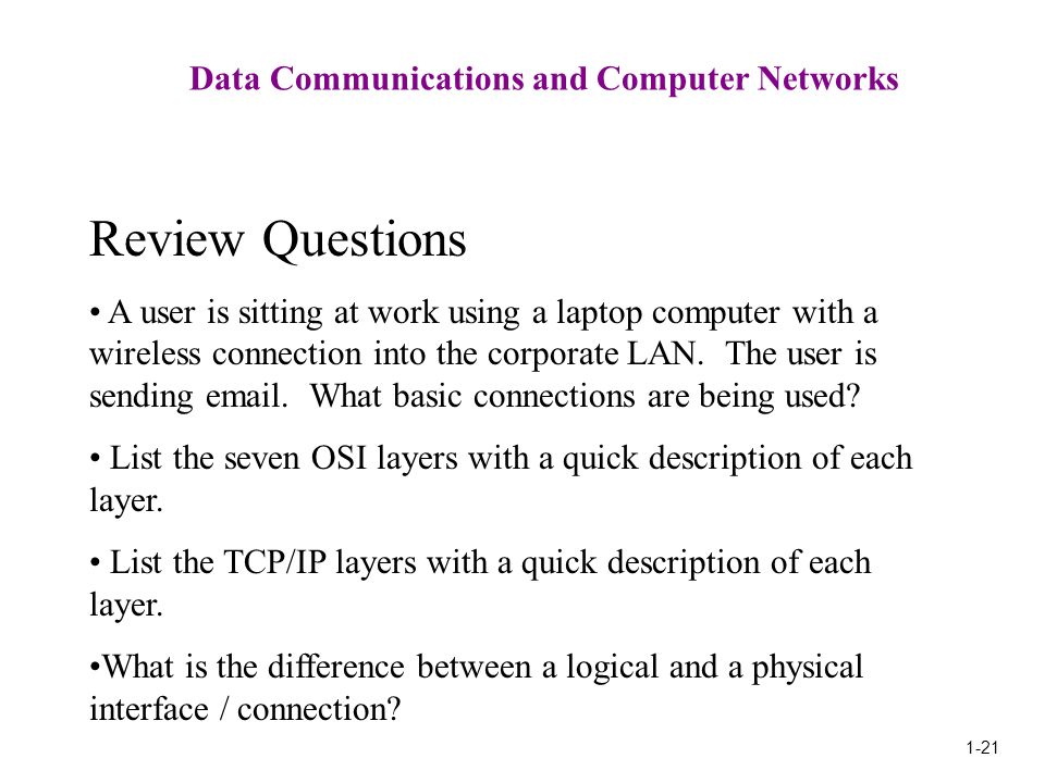 1-21 Data Communications and Computer Networks Review Questions A user is sitting at work using a laptop computer with a wireless connection into the corporate LAN.