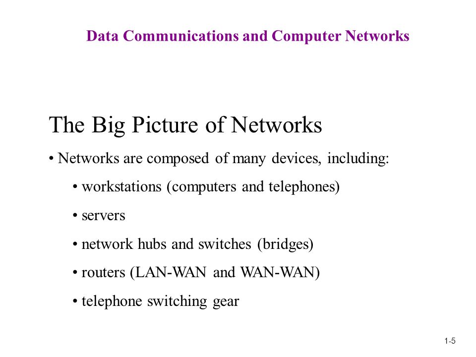 1-5 Data Communications and Computer Networks The Big Picture of Networks Networks are composed of many devices, including: workstations (computers and telephones) servers network hubs and switches (bridges) routers (LAN-WAN and WAN-WAN) telephone switching gear