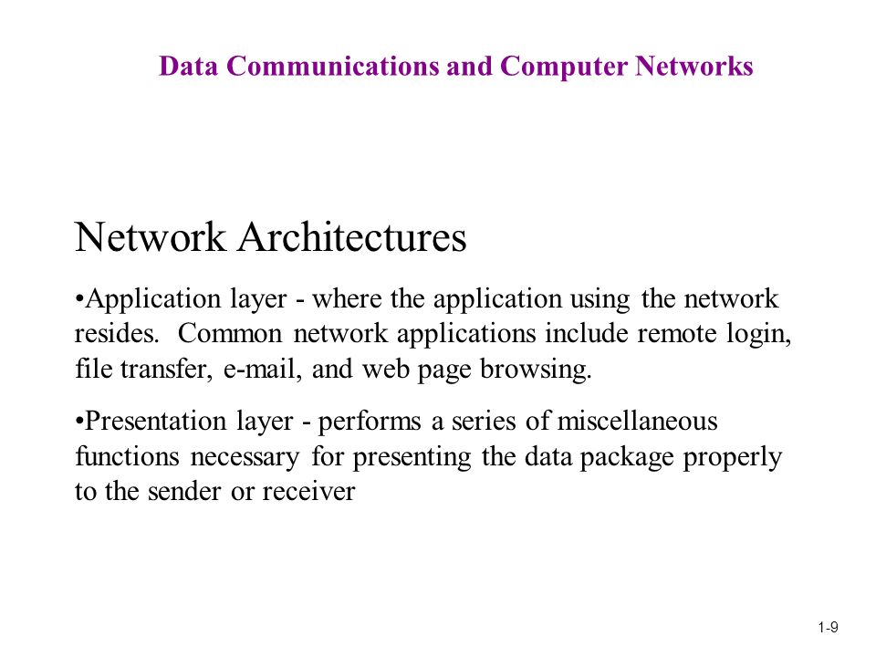 1-9 Data Communications and Computer Networks Network Architectures Application layer - where the application using the network resides.