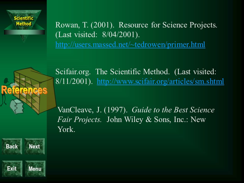 Exit BackNext Menu Rowan, T. (2001). Resource for Science Projects.