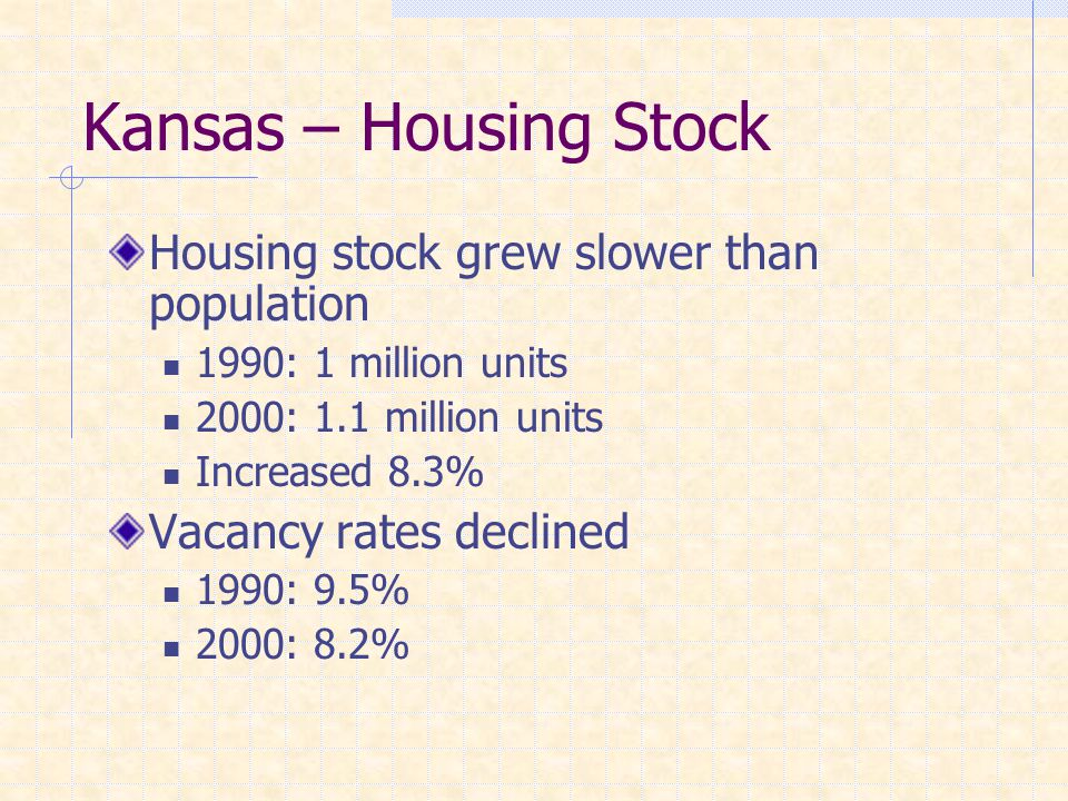 Kansas – Housing Stock Housing stock grew slower than population 1990: 1 million units 2000: 1.1 million units Increased 8.3% Vacancy rates declined 1990: 9.5% 2000: 8.2%