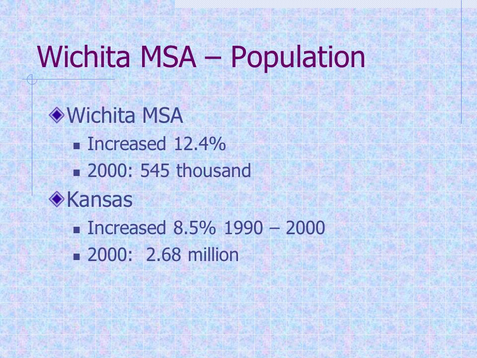 Wichita MSA – Population Wichita MSA Increased 12.4% 2000: 545 thousand Kansas Increased 8.5% 1990 – : 2.68 million
