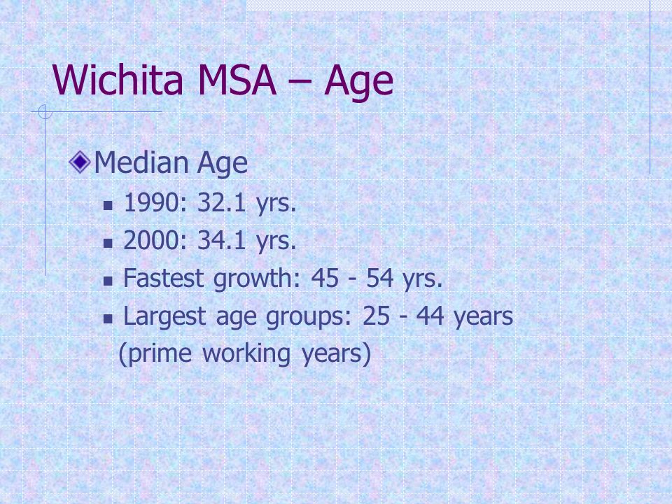 Wichita MSA – Age Median Age 1990: 32.1 yrs. 2000: 34.1 yrs.