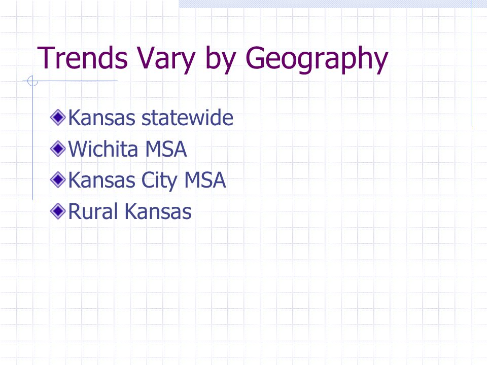 Trends Vary by Geography Kansas statewide Wichita MSA Kansas City MSA Rural Kansas