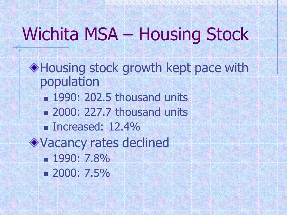 Wichita MSA – Housing Stock Housing stock growth kept pace with population 1990: thousand units 2000: thousand units Increased: 12.4% Vacancy rates declined 1990: 7.8% 2000: 7.5%