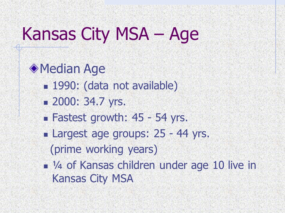 Kansas City MSA – Age Median Age 1990: (data not available) 2000: 34.7 yrs.
