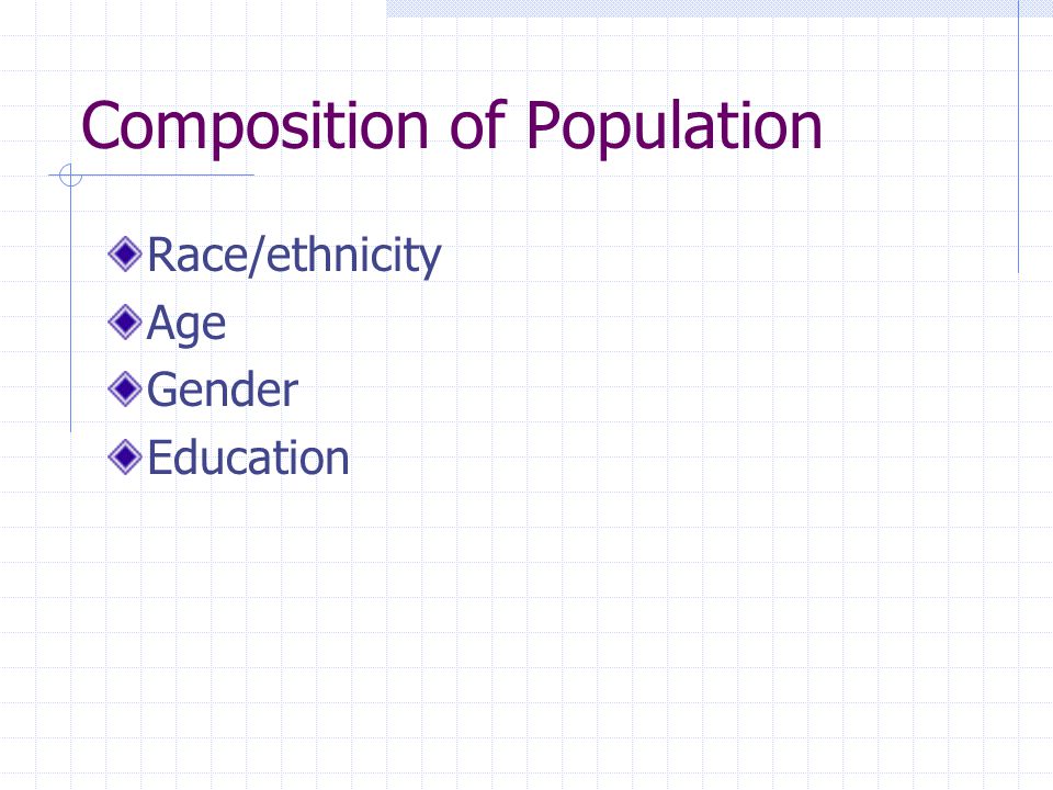 Composition of Population Race/ethnicity Age Gender Education
