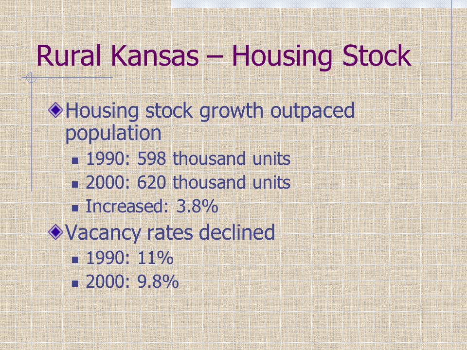 Rural Kansas – Housing Stock Housing stock growth outpaced population 1990: 598 thousand units 2000: 620 thousand units Increased: 3.8% Vacancy rates declined 1990: 11% 2000: 9.8%