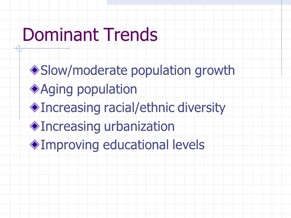 Dominant Trends Slow/moderate population growth Aging population Increasing racial/ethnic diversity Increasing urbanization Improving educational levels