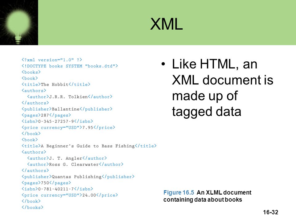 16-32 XML Like HTML, an XML document is made up of tagged data Figure 16.5 An XLML document containing data about books