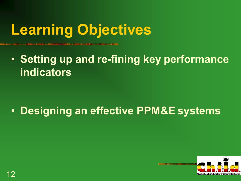 12 Learning Objectives Setting up and re-fining key performance indicators Designing an effective PPM&E systems