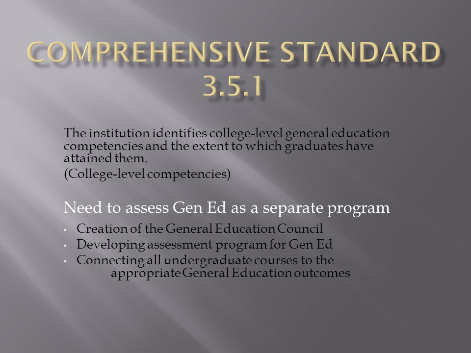 The institution identifies college-level general education competencies and the extent to which graduates have attained them.