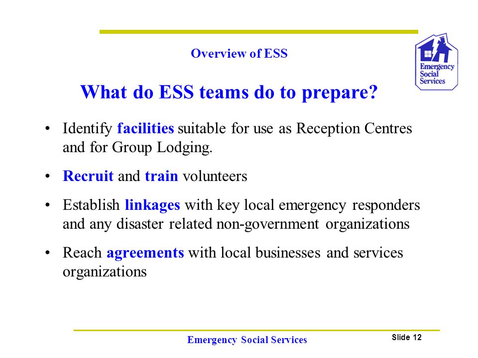 Slide 12 Emergency Social Services Identify facilities suitable for use as Reception Centres and for Group Lodging.