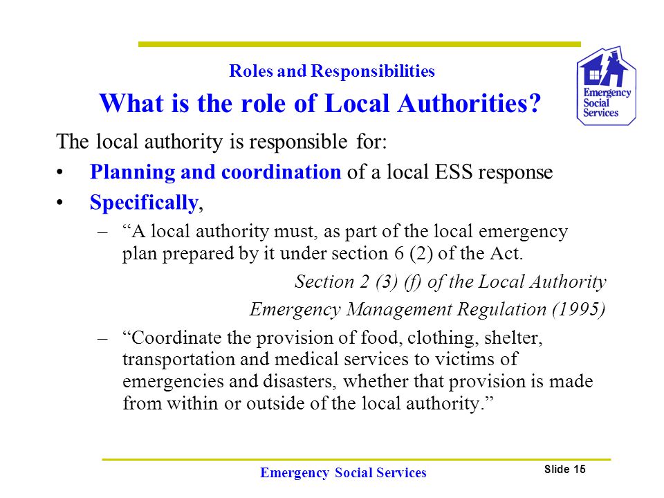 Slide 15 Emergency Social Services What is the role of Local Authorities.