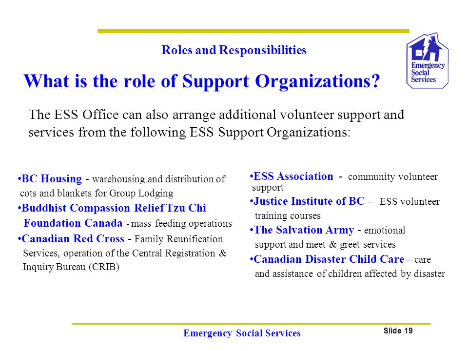 Slide 19 Emergency Social Services What is the role of Support Organizations.