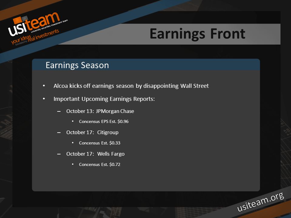 Earnings Front Alcoa kicks off earnings season by disappointing Wall Street Important Upcoming Earnings Reports: – October 13: JPMorgan Chase Concensus EPS Est.