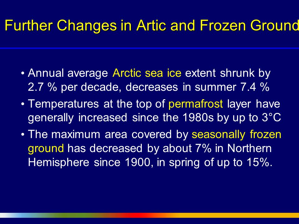 Further Changes in Artic and Frozen Ground Annual average Arctic sea ice extent shrunk by 2.7 % per decade, decreases in summer 7.4 % Temperatures at the top of permafrost layer have generally increased since the 1980s by up to 3°C The maximum area covered by seasonally frozen ground has decreased by about 7% in Northern Hemisphere since 1900, in spring of up to 15%.