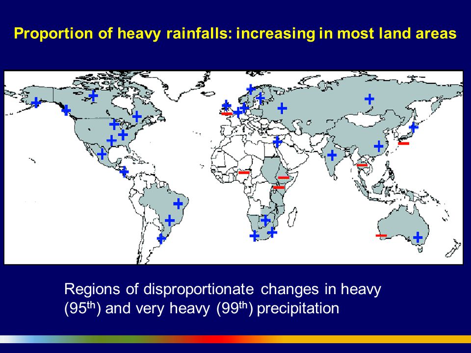 Regions of disproportionate changes in heavy (95 th ) and very heavy (99 th ) precipitation Proportion of heavy rainfalls: increasing in most land areas
