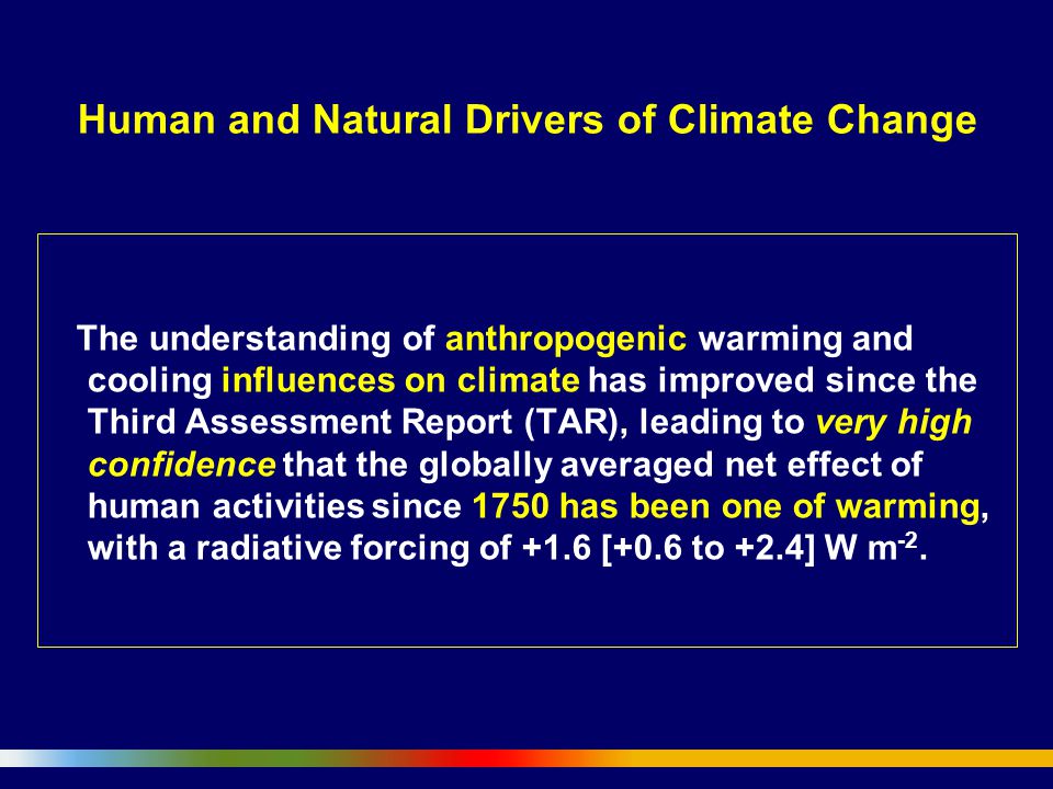 Human and Natural Drivers of Climate Change The understanding of anthropogenic warming and cooling influences on climate has improved since the Third Assessment Report (TAR), leading to very high confidence that the globally averaged net effect of human activities since 1750 has been one of warming, with a radiative forcing of +1.6 [+0.6 to +2.4] W m -2.
