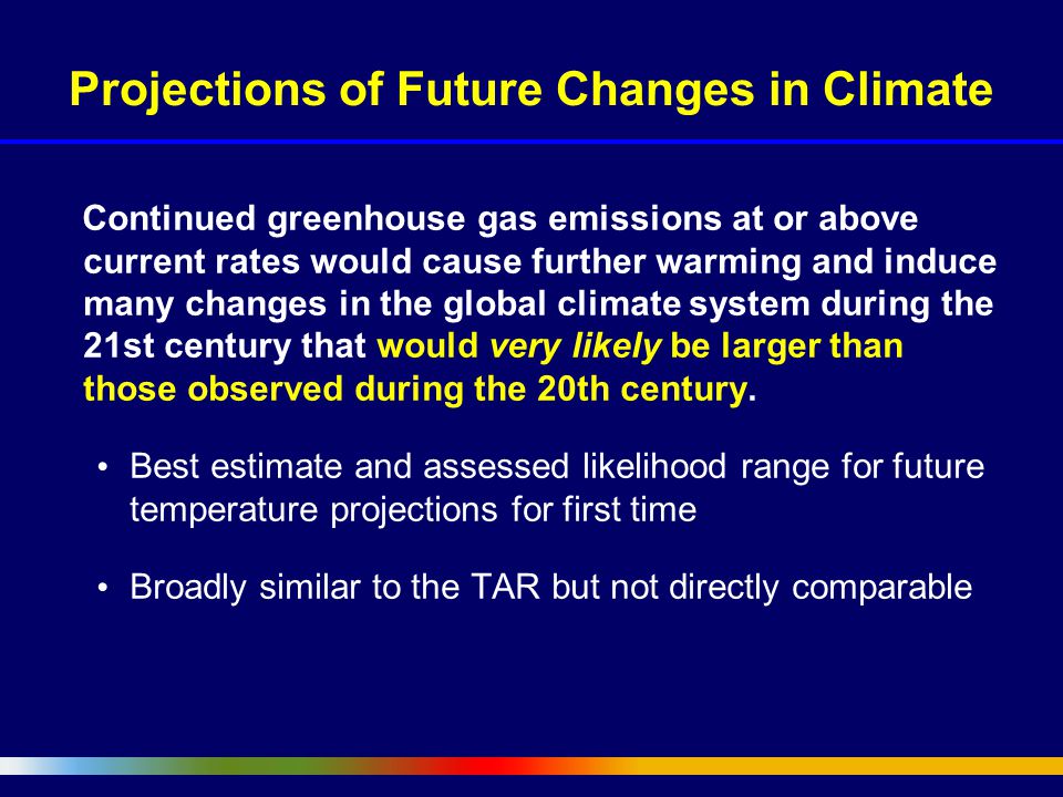 Projections of Future Changes in Climate Continued greenhouse gas emissions at or above current rates would cause further warming and induce many changes in the global climate system during the 21st century that would very likely be larger than those observed during the 20th century.