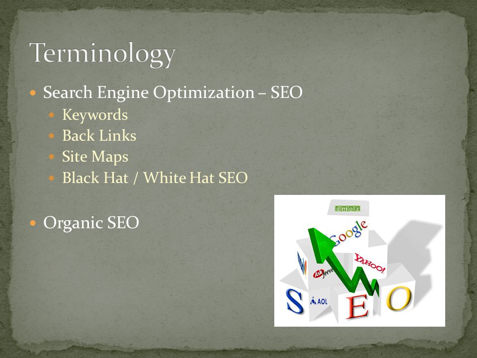 Search Engine Optimization – SEO Keywords Back Links Site Maps Black Hat / White Hat SEO Organic SEO