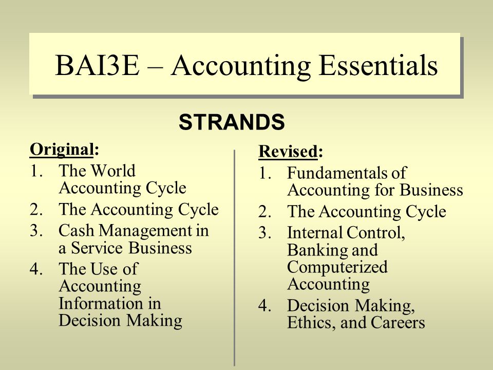 BAI3E – Accounting Essentials Original: 1.The World Accounting Cycle 2.The Accounting Cycle 3.Cash Management in a Service Business 4.The Use of Accounting Information in Decision Making Revised: 1.Fundamentals of Accounting for Business 2.The Accounting Cycle 3.Internal Control, Banking and Computerized Accounting 4.Decision Making, Ethics, and Careers STRANDS