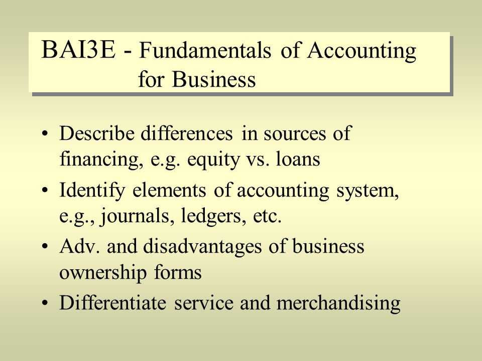BAI3E - Fundamentals of Accounting for Business Describe differences in sources of financing, e.g.