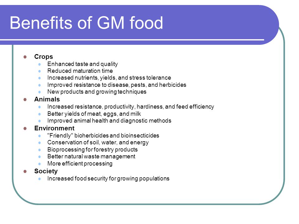 Benefits of GM food Crops Enhanced taste and quality Reduced maturation time Increased nutrients, yields, and stress tolerance Improved resistance to disease, pests, and herbicides New products and growing techniques Animals Increased resistance, productivity, hardiness, and feed efficiency Better yields of meat, eggs, and milk Improved animal health and diagnostic methods Environment Friendly bioherbicides and bioinsecticides Conservation of soil, water, and energy Bioprocessing for forestry products Better natural waste management More efficient processing Society Increased food security for growing populations