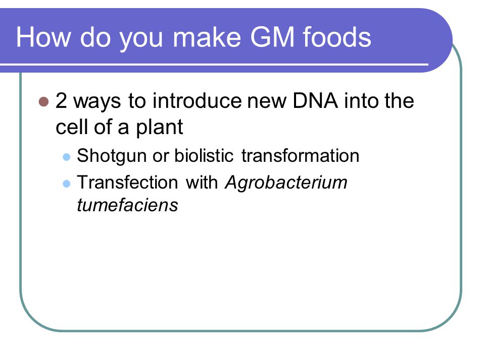 How do you make GM foods 2 ways to introduce new DNA into the cell of a plant Shotgun or biolistic transformation Transfection with Agrobacterium tumefaciens