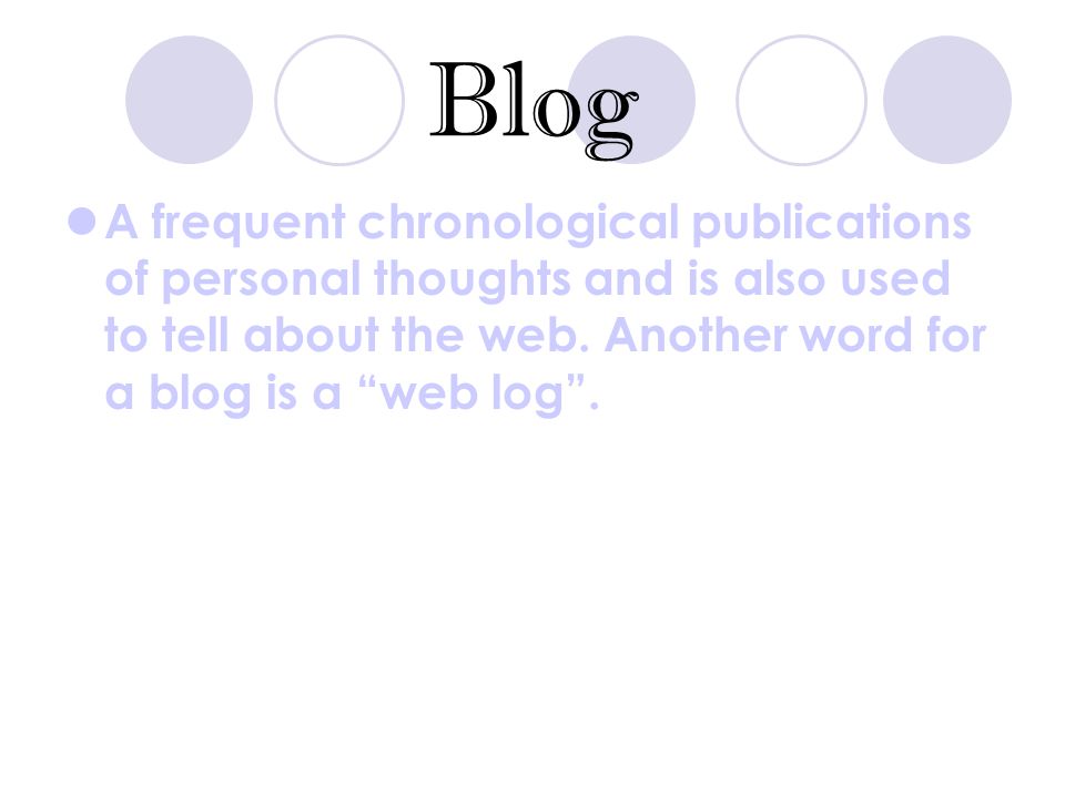 Blog A frequent chronological publications of personal thoughts and is also used to tell about the web.