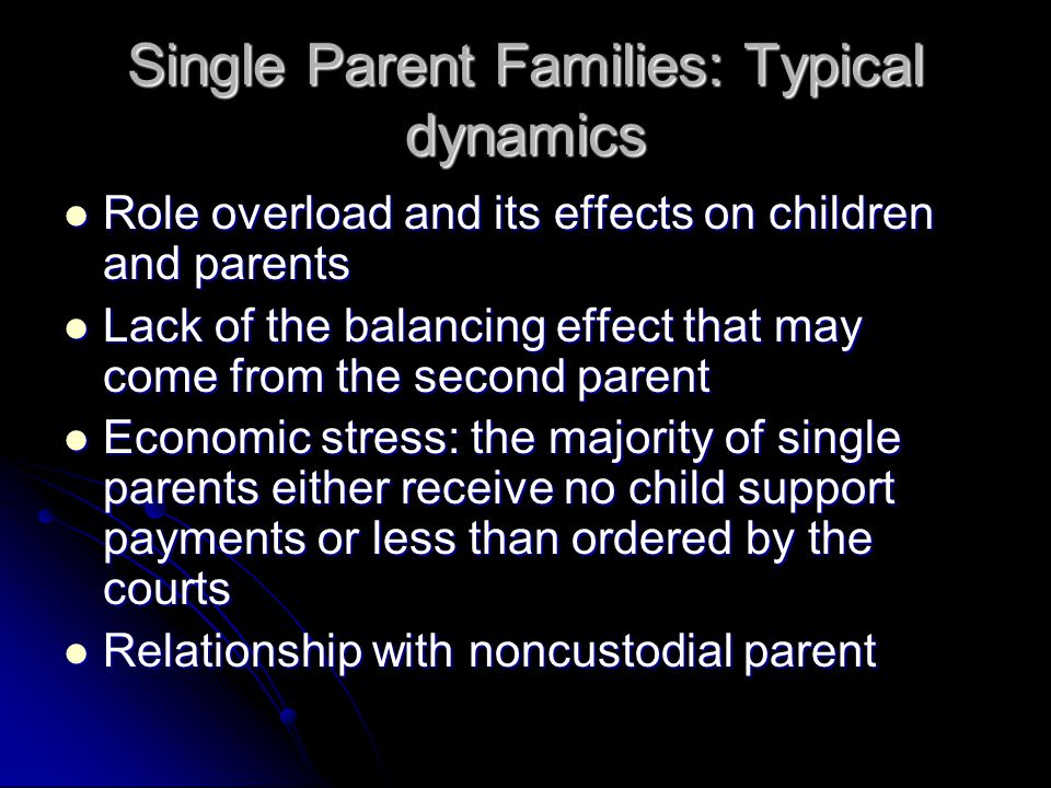 Single Parent Families: Typical dynamics Role overload and its effects on children and parents Role overload and its effects on children and parents Lack of the balancing effect that may come from the second parent Lack of the balancing effect that may come from the second parent Economic stress: the majority of single parents either receive no child support payments or less than ordered by the courts Economic stress: the majority of single parents either receive no child support payments or less than ordered by the courts Relationship with noncustodial parent Relationship with noncustodial parent