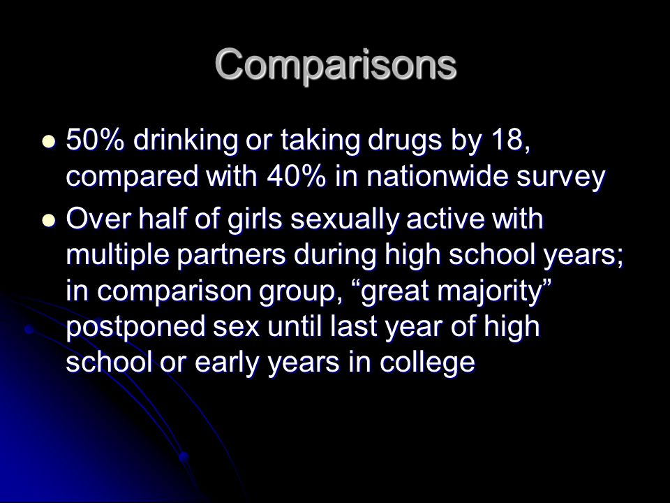 Comparisons 50% drinking or taking drugs by 18, compared with 40% in nationwide survey 50% drinking or taking drugs by 18, compared with 40% in nationwide survey Over half of girls sexually active with multiple partners during high school years; in comparison group, great majority postponed sex until last year of high school or early years in college Over half of girls sexually active with multiple partners during high school years; in comparison group, great majority postponed sex until last year of high school or early years in college