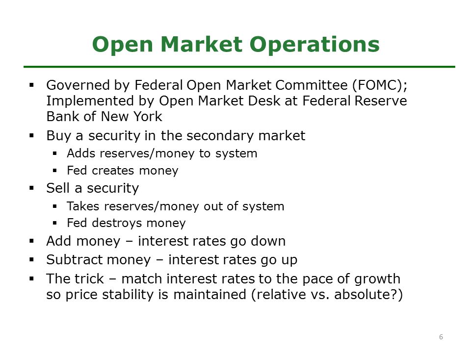  Governed by Federal Open Market Committee (FOMC); Implemented by Open Market Desk at Federal Reserve Bank of New York  Buy a security in the secondary market  Adds reserves/money to system  Fed creates money  Sell a security  Takes reserves/money out of system  Fed destroys money  Add money – interest rates go down  Subtract money – interest rates go up  The trick – match interest rates to the pace of growth so price stability is maintained (relative vs.