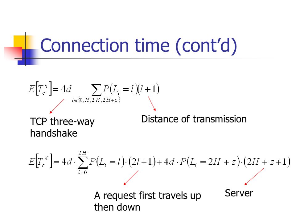 Connection time (cont’d) Distance of transmission A request first travels up then down TCP three-way handshake Server