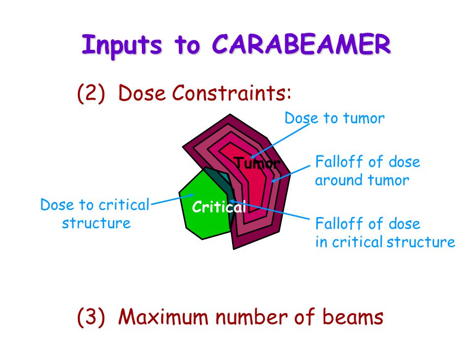 Inputs to CARABEAMER (2) Dose Constraints: (3) Maximum number of beams Critical Tumor Dose to tumor Falloff of dose around tumor Falloff of dose in critical structure Dose to critical structure