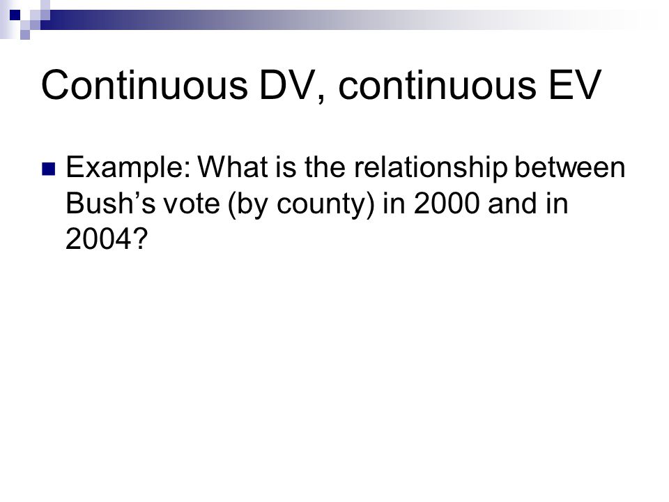 Continuous DV, continuous EV Example: What is the relationship between Bush’s vote (by county) in 2000 and in 2004