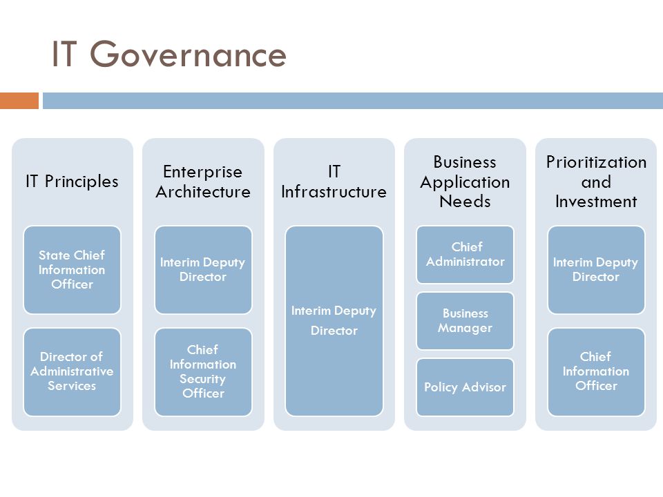 IT Governance IT Principles State Chief Information Officer Director of Administrative Services Enterprise Architecture Interim Deputy Director Chief Information Security Officer IT Infrastructure Interim Deputy Director Business Application Needs Chief Administrator Business Manager Policy Advisor Prioritization and Investment Interim Deputy Director Chief Information Officer