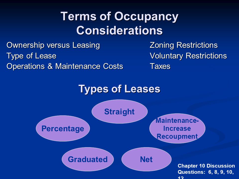 Terms of Occupancy Considerations Ownership versus LeasingZoning Restrictions Type of LeaseVoluntary Restrictions Operations & Maintenance CostsTaxes Types of Leases Straight Percentage Graduated Maintenance- Increase Recoupment Net Chapter 10 Discussion Questions: 6, 8, 9, 10, 12