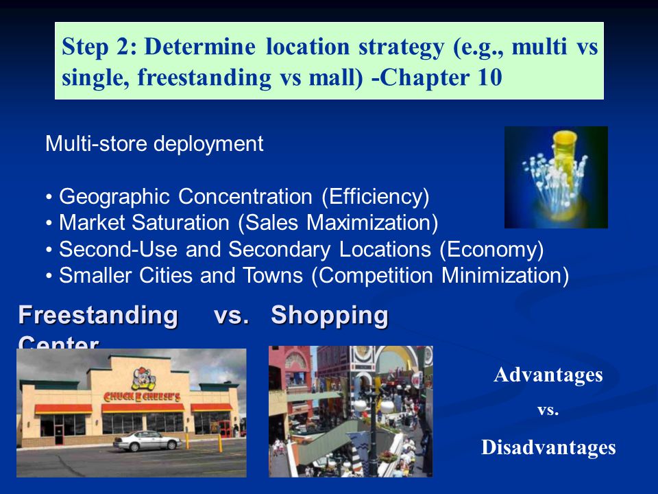 Step 2: Determine location strategy (e.g., multi vs single, freestanding vs mall) -Chapter 10 Multi-store deployment Geographic Concentration (Efficiency) Market Saturation (Sales Maximization) Second-Use and Secondary Locations (Economy) Smaller Cities and Towns (Competition Minimization) Freestanding vs.