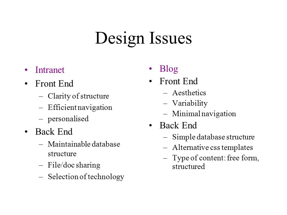 Design Issues Intranet Front End –Clarity of structure –Efficient navigation –personalised Back End –Maintainable database structure –File/doc sharing –Selection of technology Blog Front End –Aesthetics –Variability –Minimal navigation Back End –Simple database structure –Alternative css templates –Type of content: free form, structured
