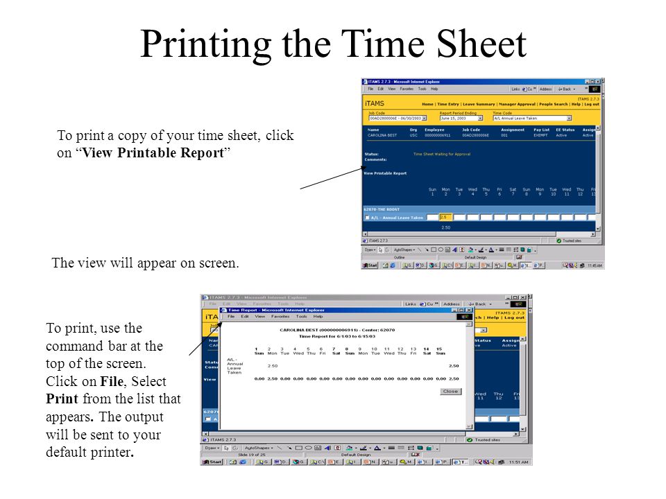 2.5 To print a copy of your time sheet, click on View Printable Report To print, use the command bar at the top of the screen.